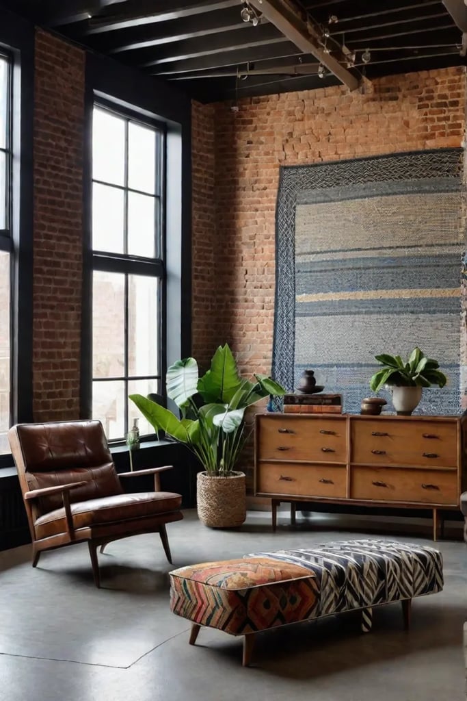 Eclectic living room with mixed textures and vintage furniture