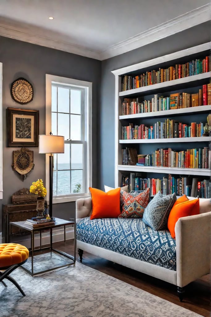 Eclectic reading nook with a vintage daybed