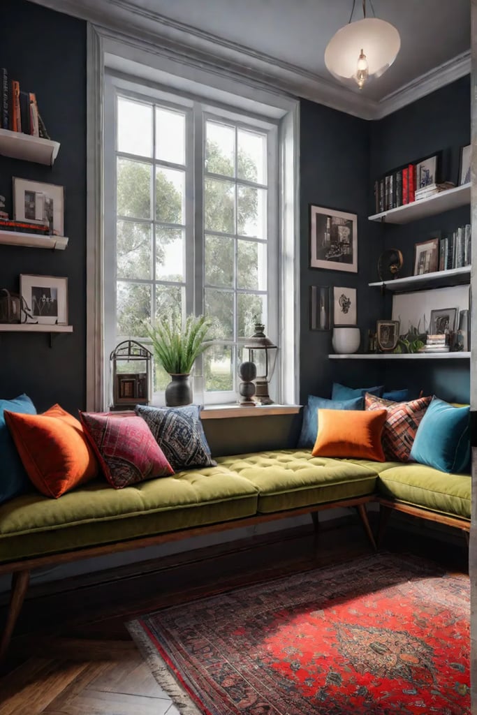 Eclectic reading nook with colorful decor