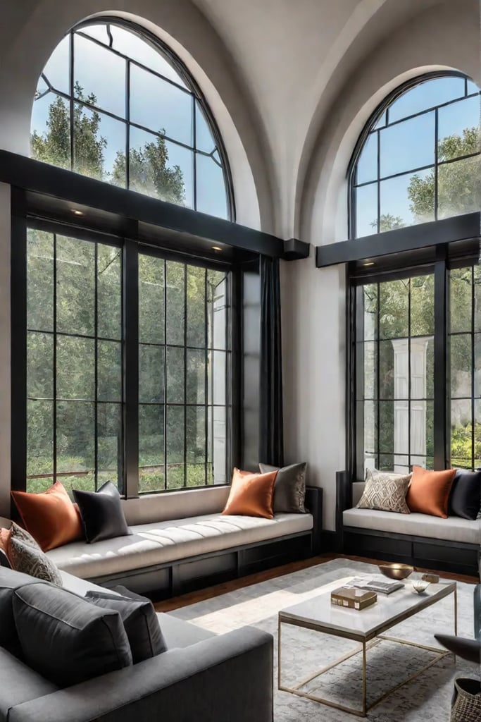 Elegant living room with arched window and window seat