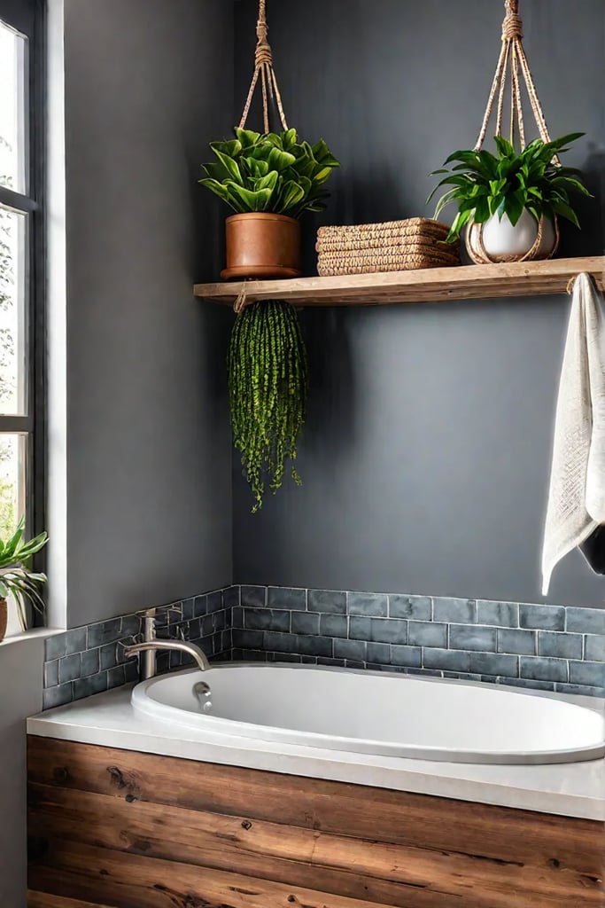 Farmhouse bathroom decor with DIY shelves and natural textures 1