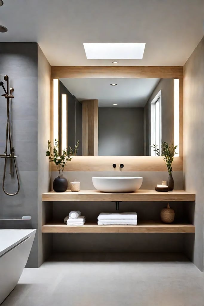 Floating vanity with vessel sink and wall sconces