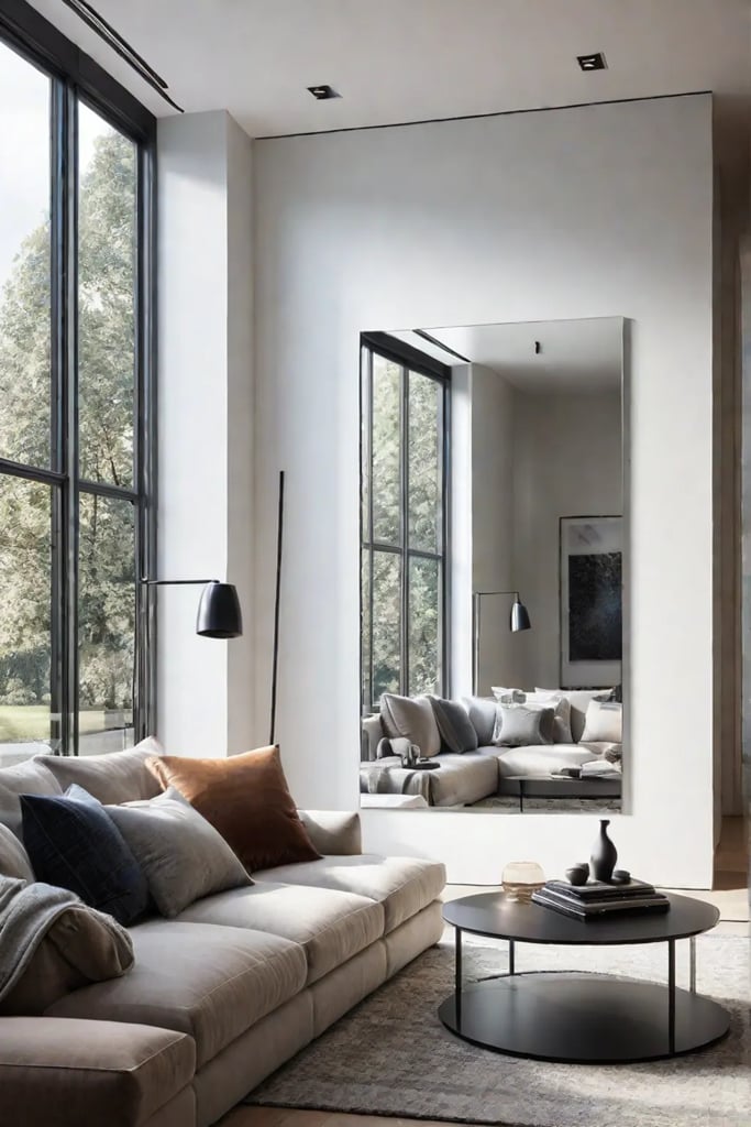 Frameless mirror expanding the space of a minimalist living room