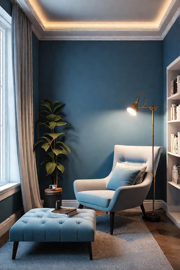 Inviting corner reading nook with comfortable seating