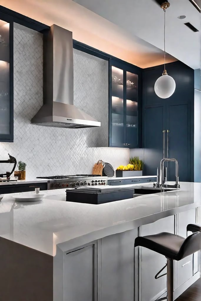 Kitchen with a marble backsplash and countertops