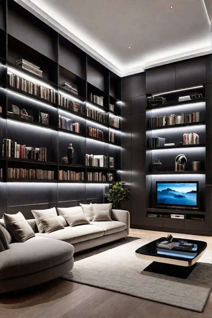LED strip lights on bookshelves