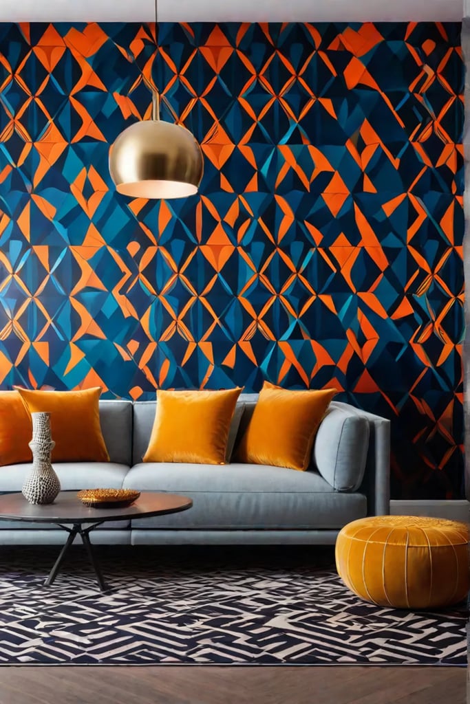 Living room with geometric patterned wallpaper