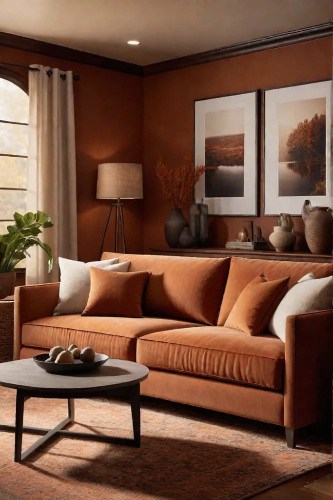 Living room with rustcolored walls and natural wood