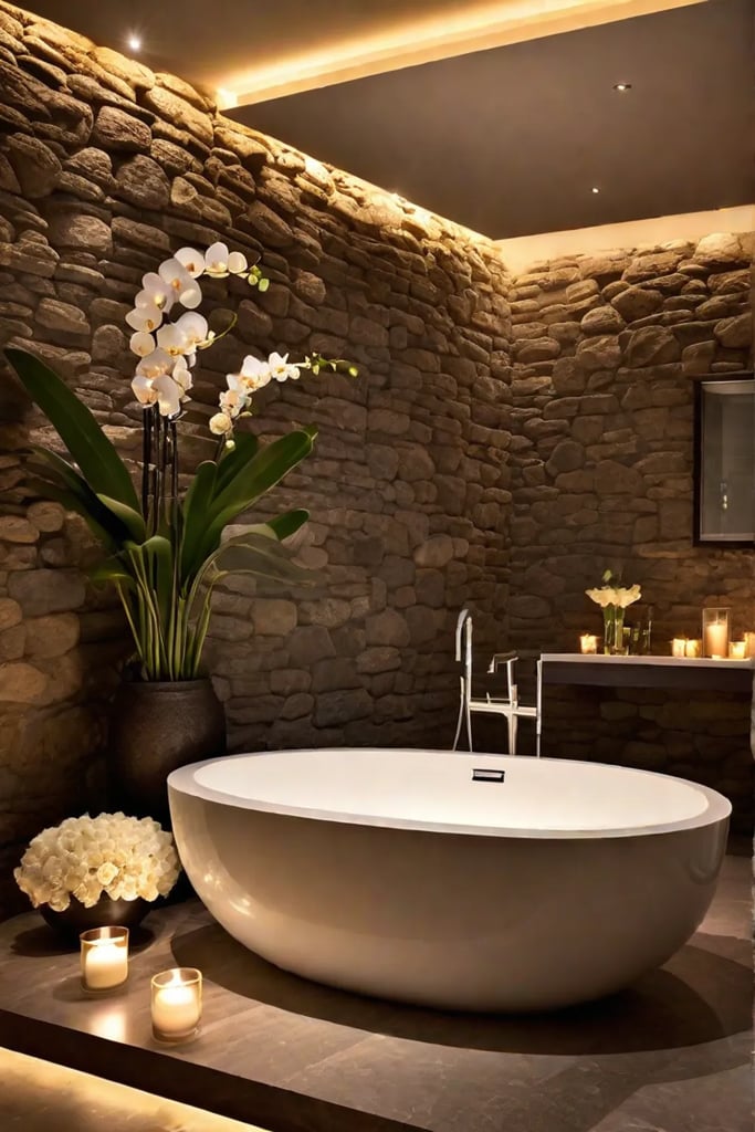 Luxurious bathroom with freestanding bathtub and orchids