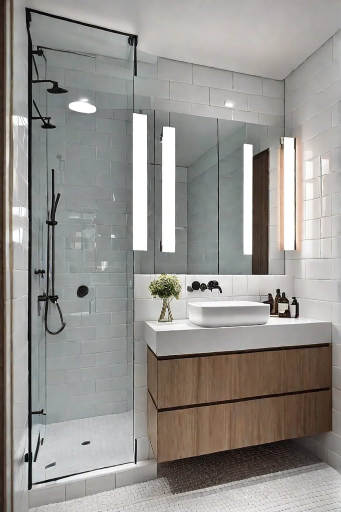 Minimalist bathroom with floating vanity and large mirror