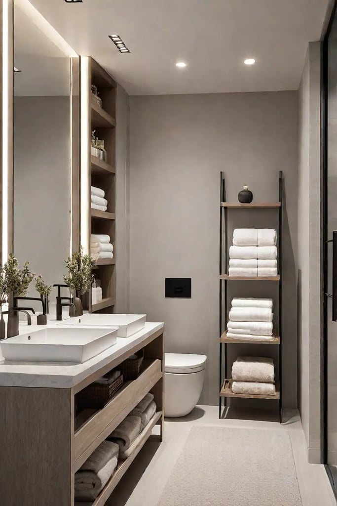 Minimalist bathroom with neutral colors and open shelving