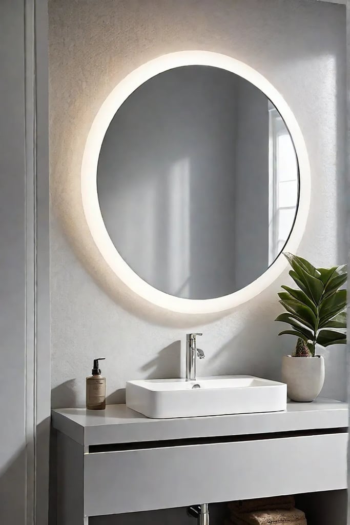 Minimalist bathroom with pedestal sink and round mirror