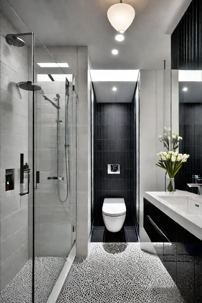 Minimalist bathroom with pendant light and large mirror