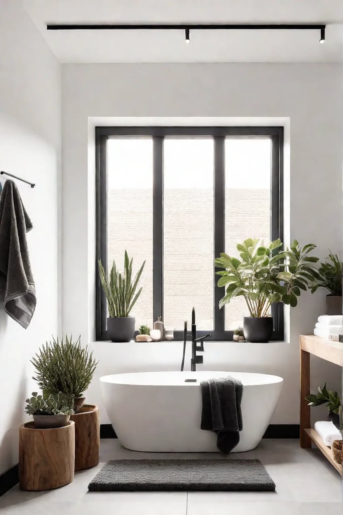 Minimalist bathroom with porcelain tile flooring a freestanding bathtub and a wooden stool