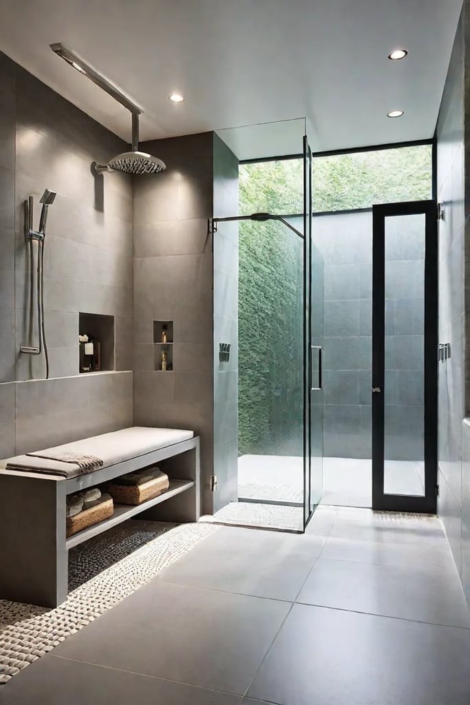 Minimalist bathroom with recessed lighting and walkin shower