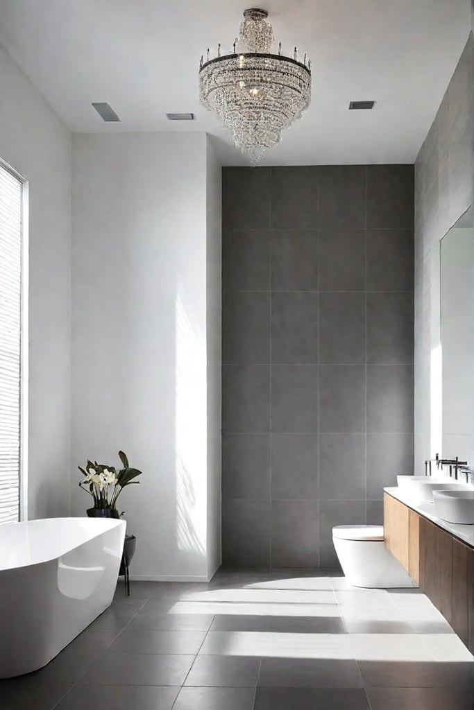 Minimalist bathroom with rectangular bathtub and chandelier