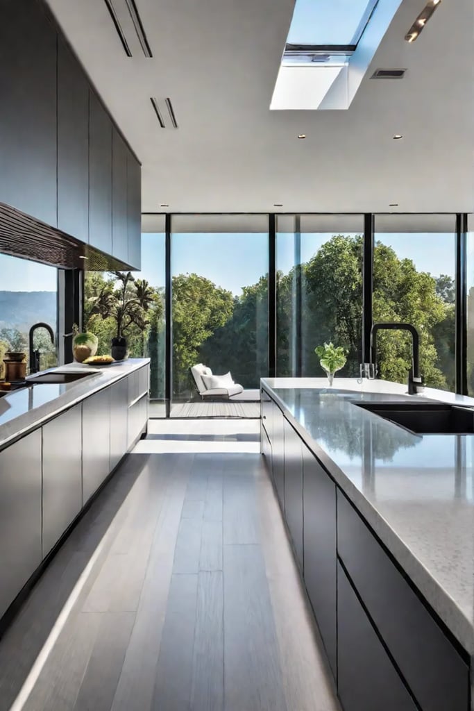 Minimalist kitchen with sustainable features and abundant natural light