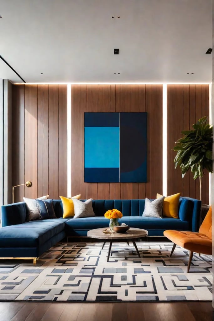 Modern living room with wood paneling and minimalist furniture