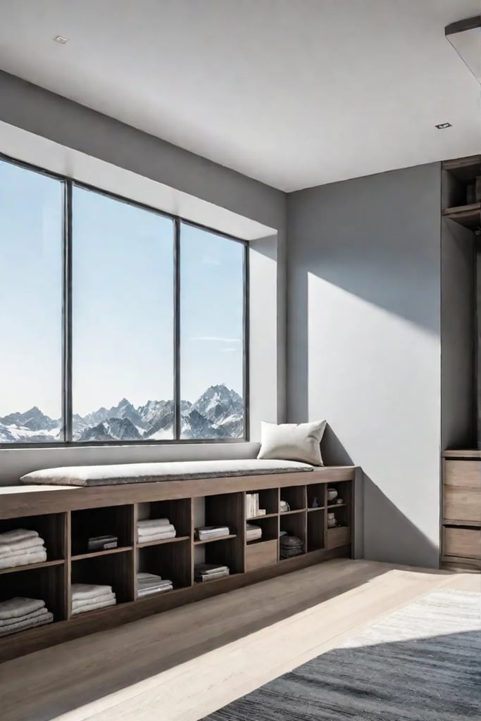 Modern window seat with handleless drawers and open cubbies