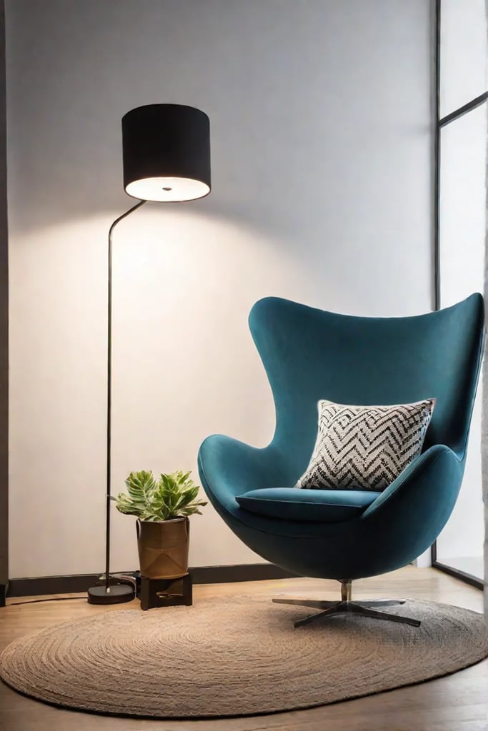 Reading nook with floating shelves and vintage lamp