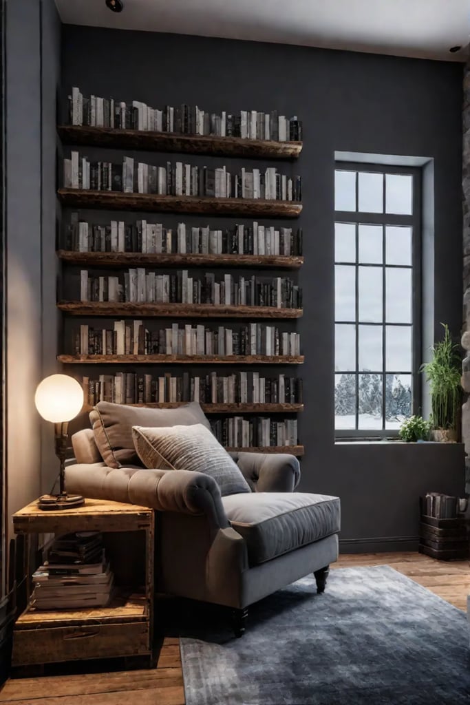 Rustic reading nook with pallet bookshelf