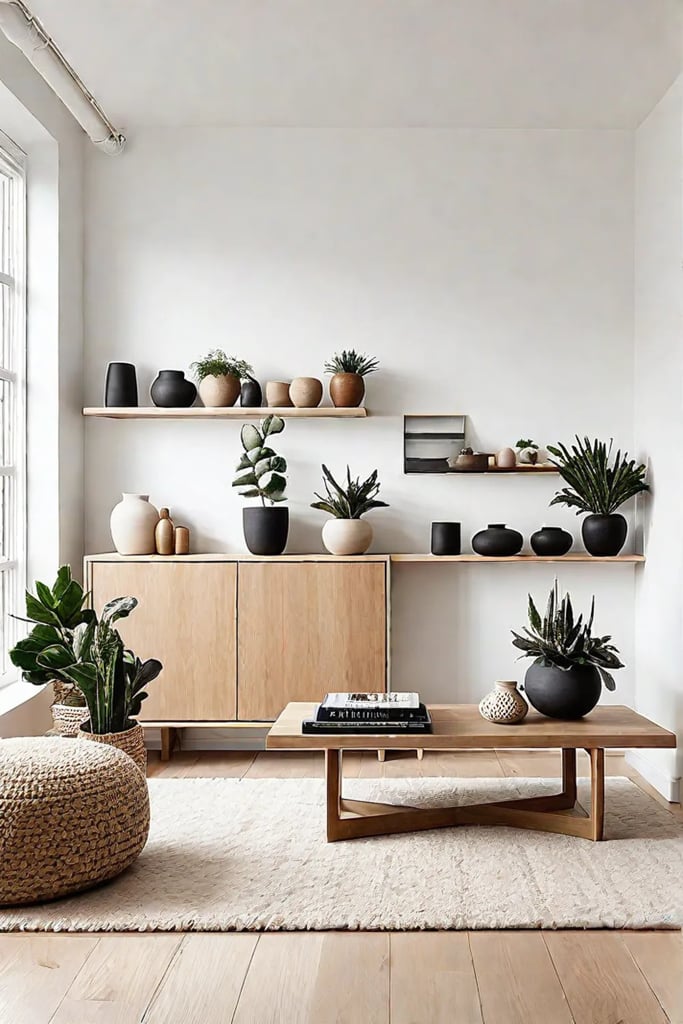 Scandinavian living room with floating shelves and minimalist decor