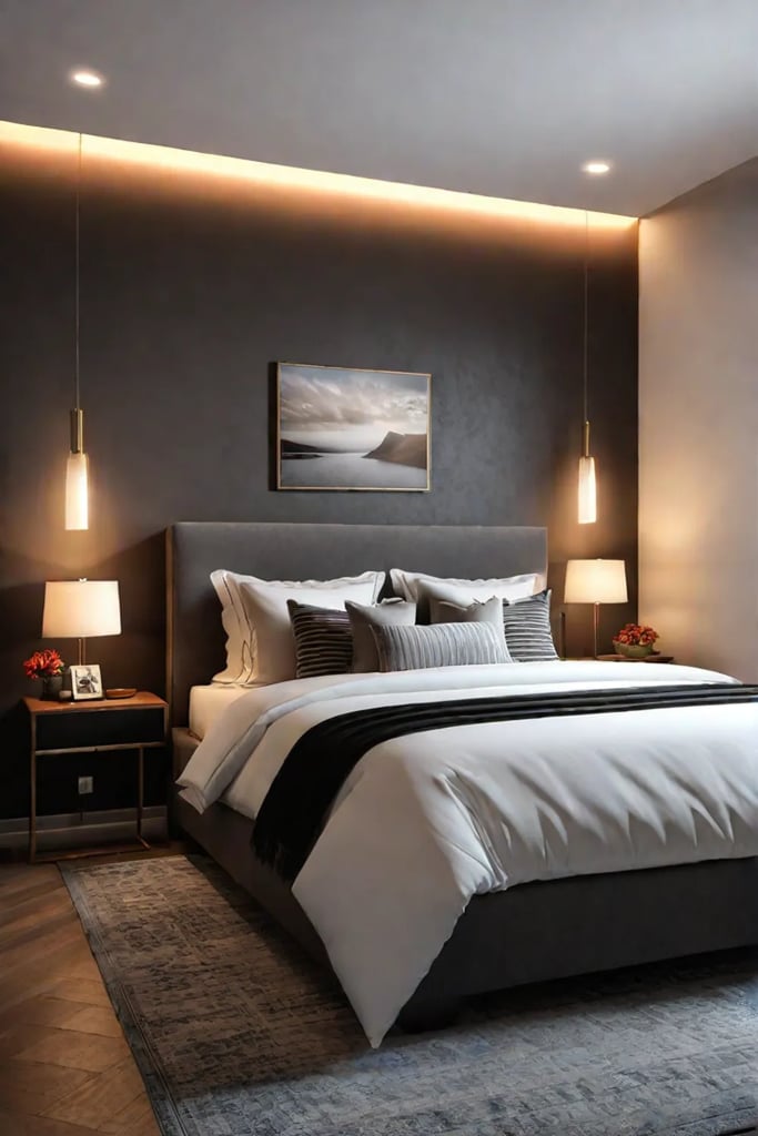 Bedroom with brown walls and colorful accents