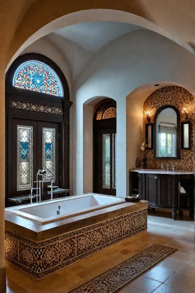 Relaxing bathroom with arched doorways and mosaic tile details