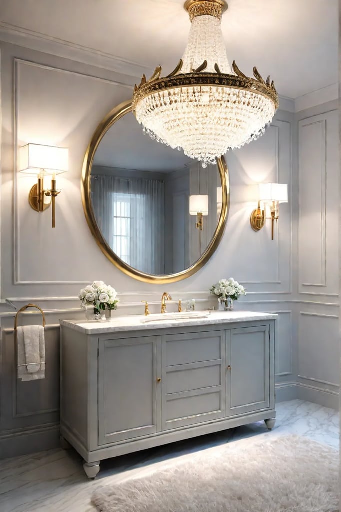 Sophisticated bathroom with opulent decor and plush area rug