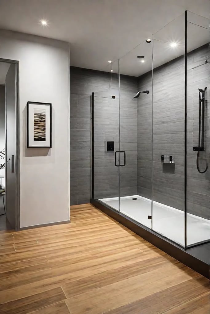 Zen bathroom with continuous bamboo flooring