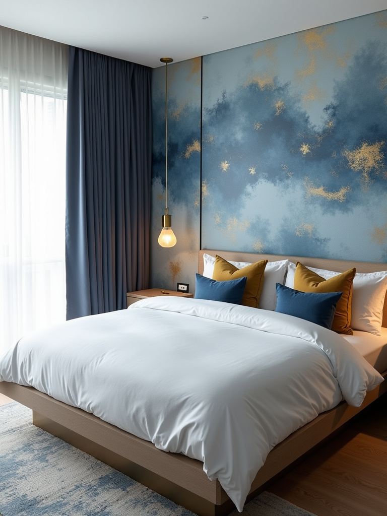 An artistic bedroom featuring blue and gold abstract watercolor wallpaper on the headboard wall, bathed in soft natural light.