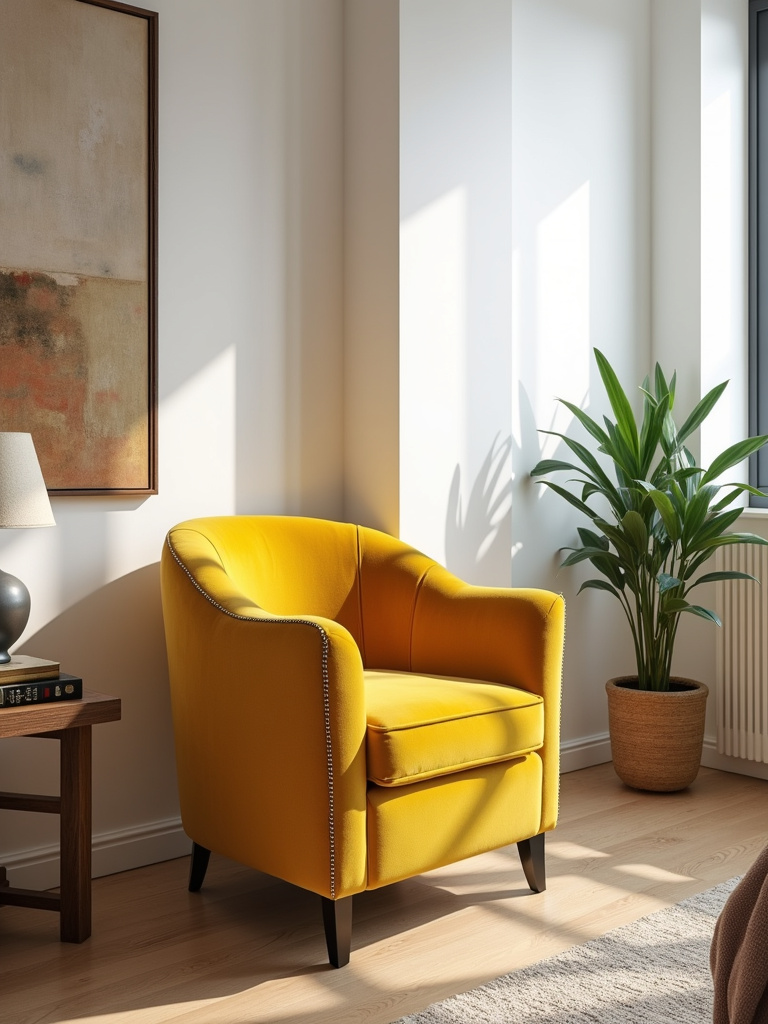 A bedroom corner showcasing a mustard yellow velvet accent chair bathed in natural light from a nearby window. A small side table with a lamp and books, along with a potted plant, create a cozy and inviting reading nook in the eclectic-style bedroom.
