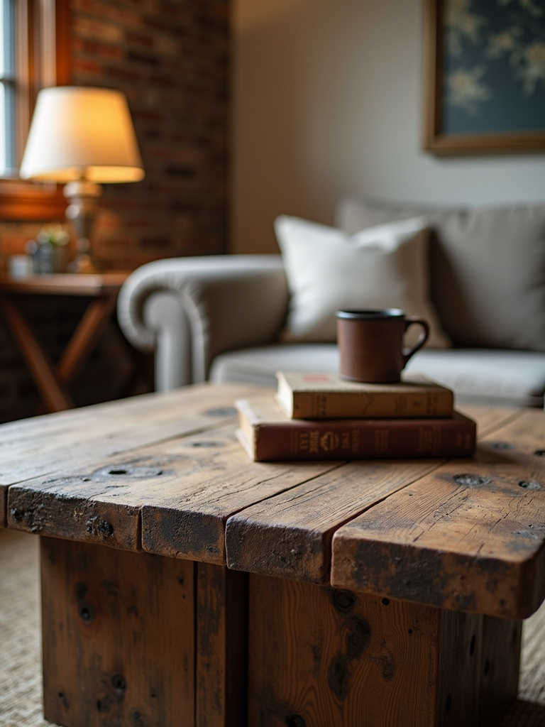 Close-up of a rustic reclaimed wood coffee table styled with books and a mug under warm lamp light.