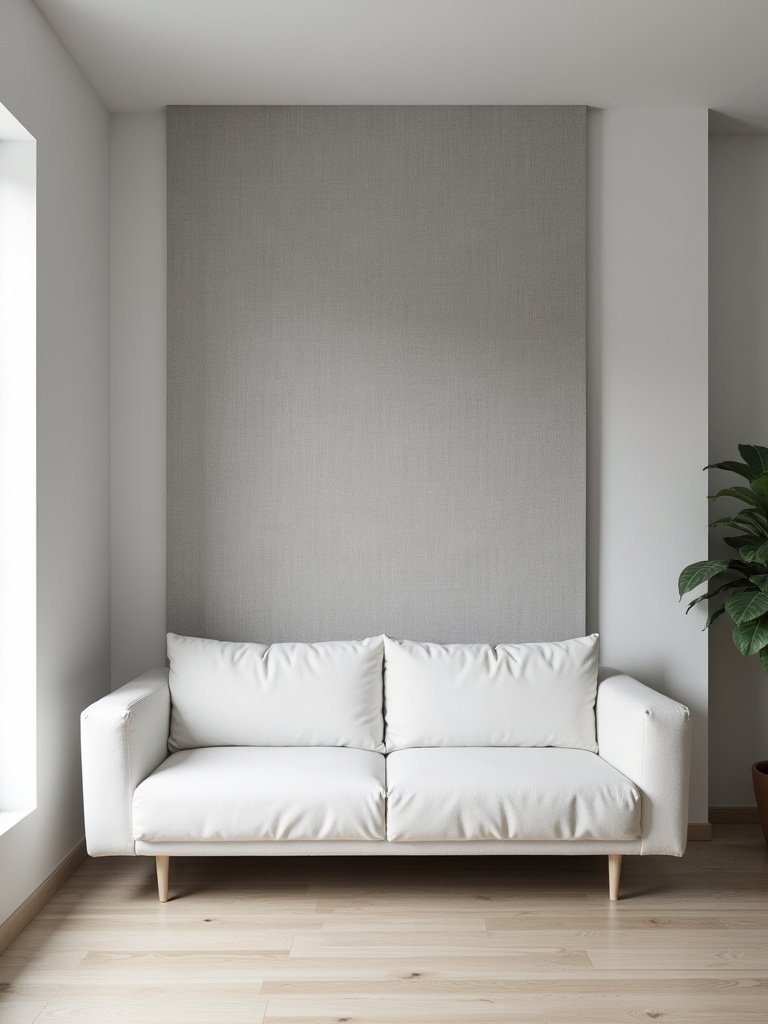 “A modern minimalist living room with sound-absorbing fabric wall panels in grey behind a white sofa, improving acoustics and adding subtle texture to the walls.”