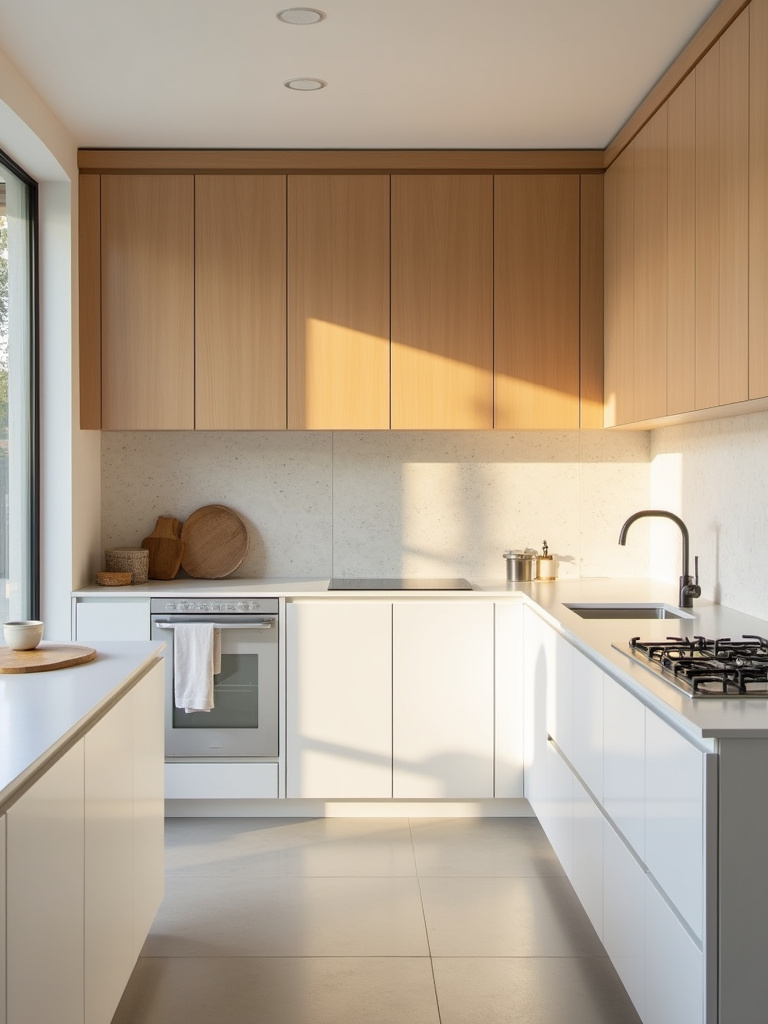 Minimalist kitchen with light wood cabinetry and a natural stone backsplash, complemented by white countertops and stainless steel fixtures.