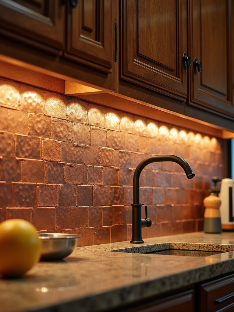 Detailed view of a hammered copper tile backsplash in a rustic kitchen, warmly lit by under-cabinet lighting.