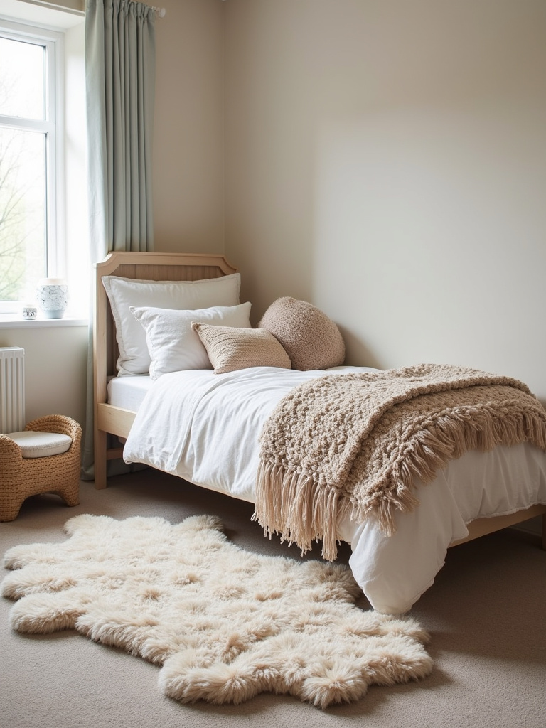 Whimsical kids bedroom with cloud-shaped rug and textured cushions and throws.