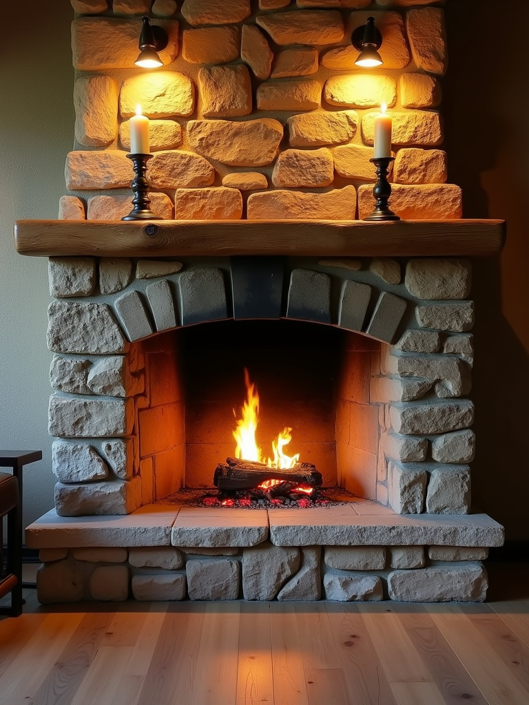 Rustic living room with a stone fireplace providing warm ambient light, featuring a simple wooden mantel.