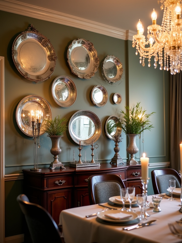 Traditional dining room featuring a wall display of antique silver trays above a dark wood buffet.