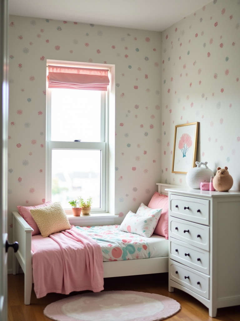 Small bedroom with playful polka dot removable wallpaper, pastel colors, and white furniture.