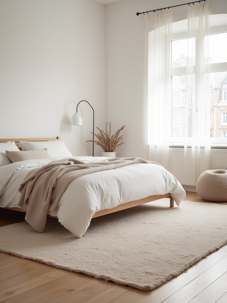 A bedroom featuring a large area rug defining the sleeping zone around a queen-sized bed. Natural light illuminates the light wood flooring and neutral bedding, while the rug adds warmth and texture to the minimalist Scandinavian-style space.