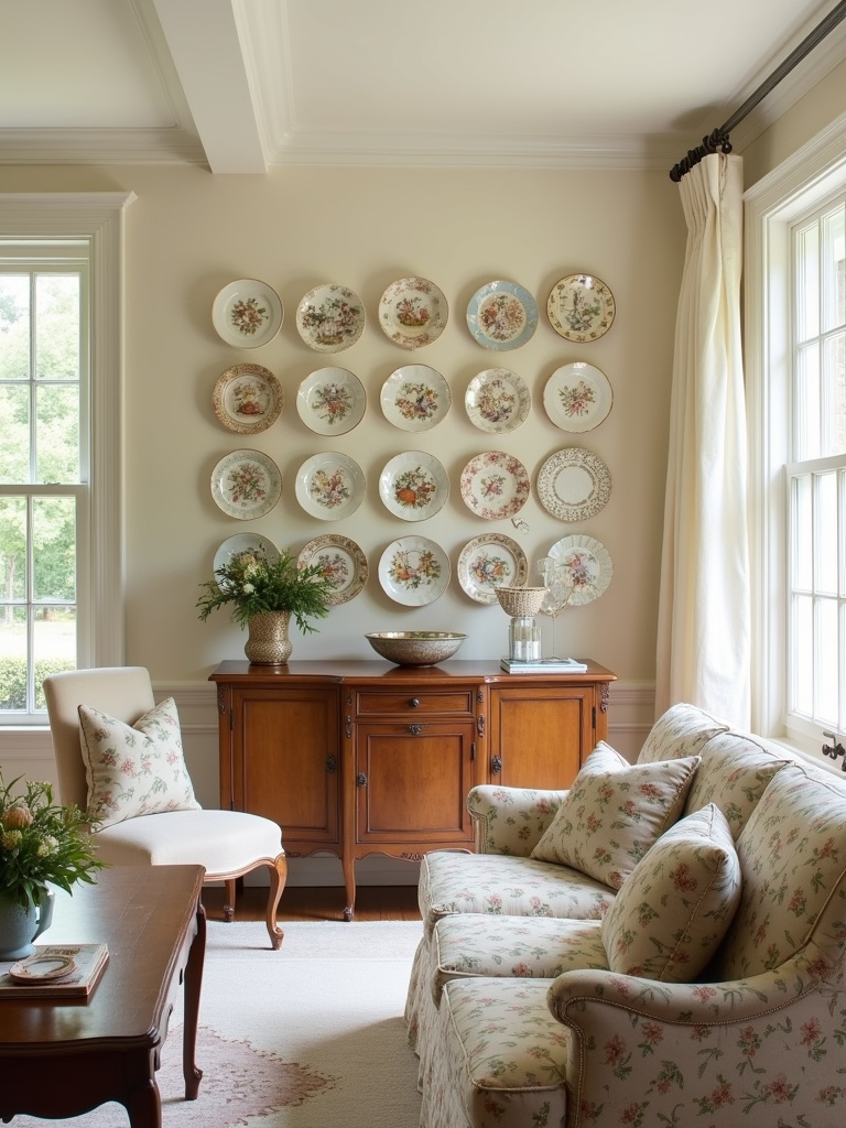 “A French country living room with a collection of vintage floral ceramic wall plates arranged above a wooden buffet, adding a touch of charm and elegance.”