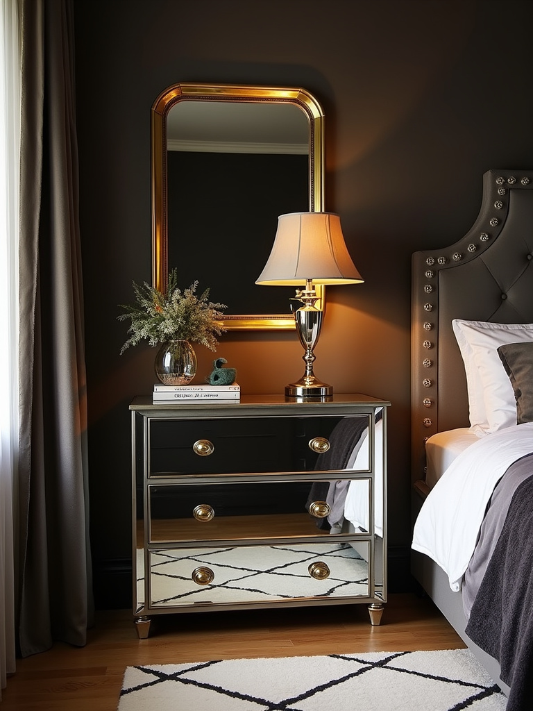 An Art Deco glam bedroom corner featuring a mirrored dresser with gold hardware, a gold-framed mirror above, and a velvet upholstered headboard. A geometric patterned rug and metallic bedside lamp enhance the sophisticated and glamorous atmosphere, highlighting the mirrored and gold accents characteristic of Art Deco style.