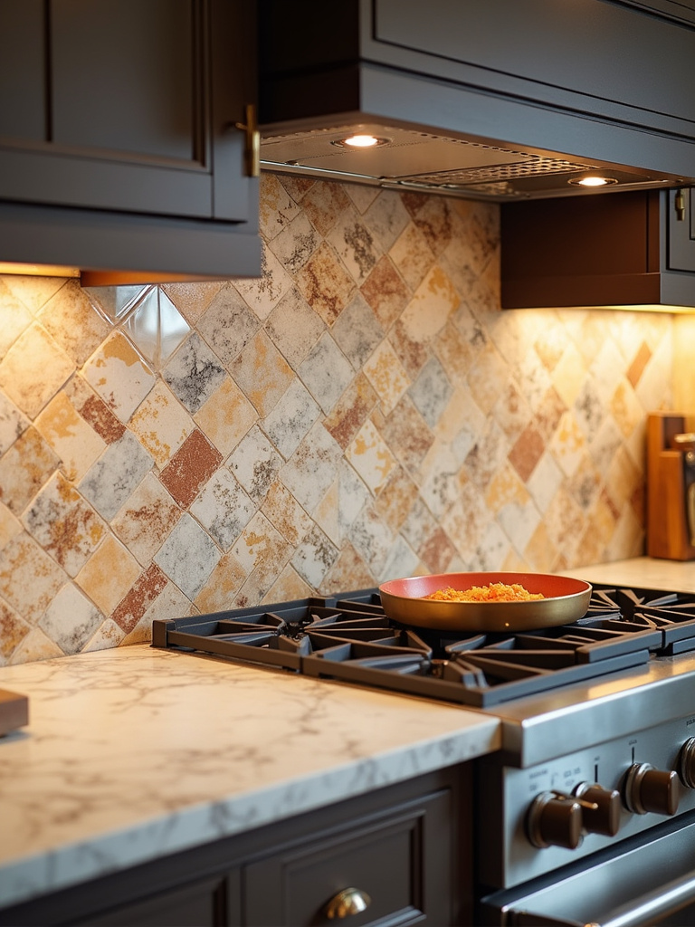 A detailed close-up of a stunning kitchen backsplash featuring vibrant patterned tiles or luxurious marble, illuminated by warm focused lighting to accentuate the material and pattern details, highlighting the backsplash as a design focal point.