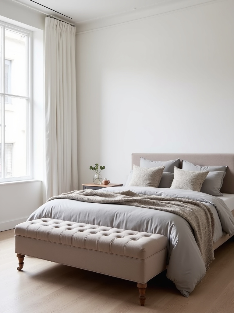 A bedroom featuring a tufted velvet bench placed at the foot of a queen-sized bed. Soft natural light illuminates the light gray bedding, white walls, and light wood flooring, while throw pillows and a blanket add texture and visual interest to the minimalist décor.