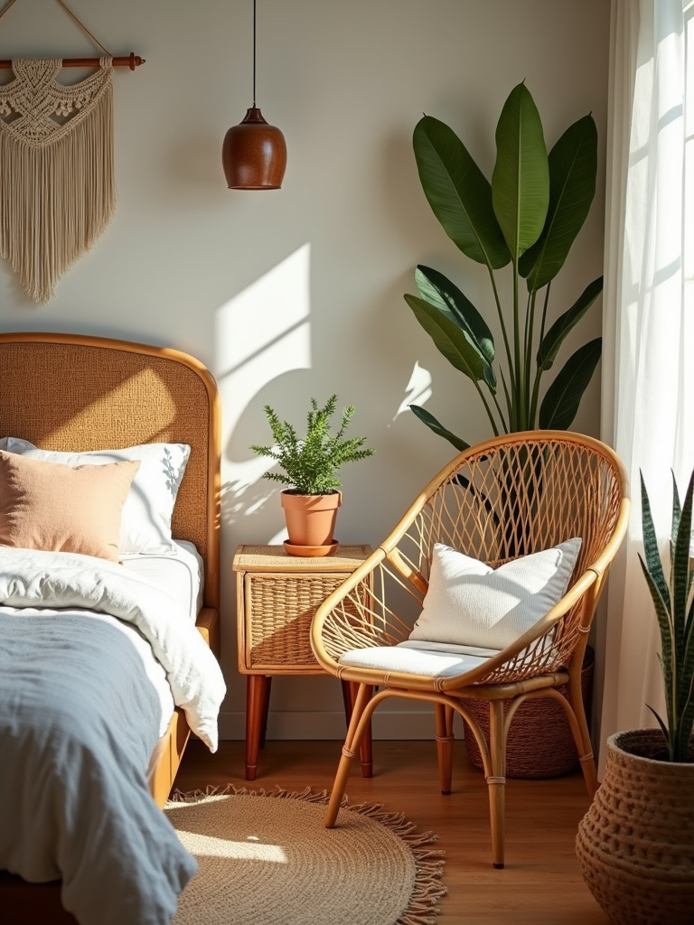 A bohemian bedroom corner featuring a rattan headboard, wicker nightstand, and a rattan peacock chair. Textured bedding, a macramé wall hanging, and indoor plants enhance the relaxed bohemian vibe, bathed in warm natural light and showcasing natural textures and tones.