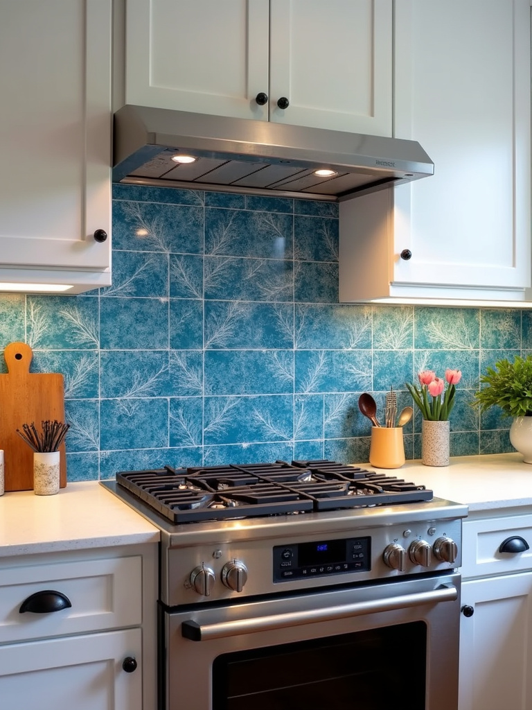 Close-up of a small kitchen with a vibrant blue patterned tile backsplash creating a bold and stylish focal point.