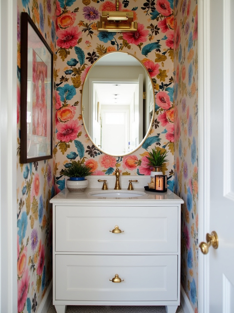 Maximalist bathroom with a bold floral wallpaper accent wall behind the vanity.