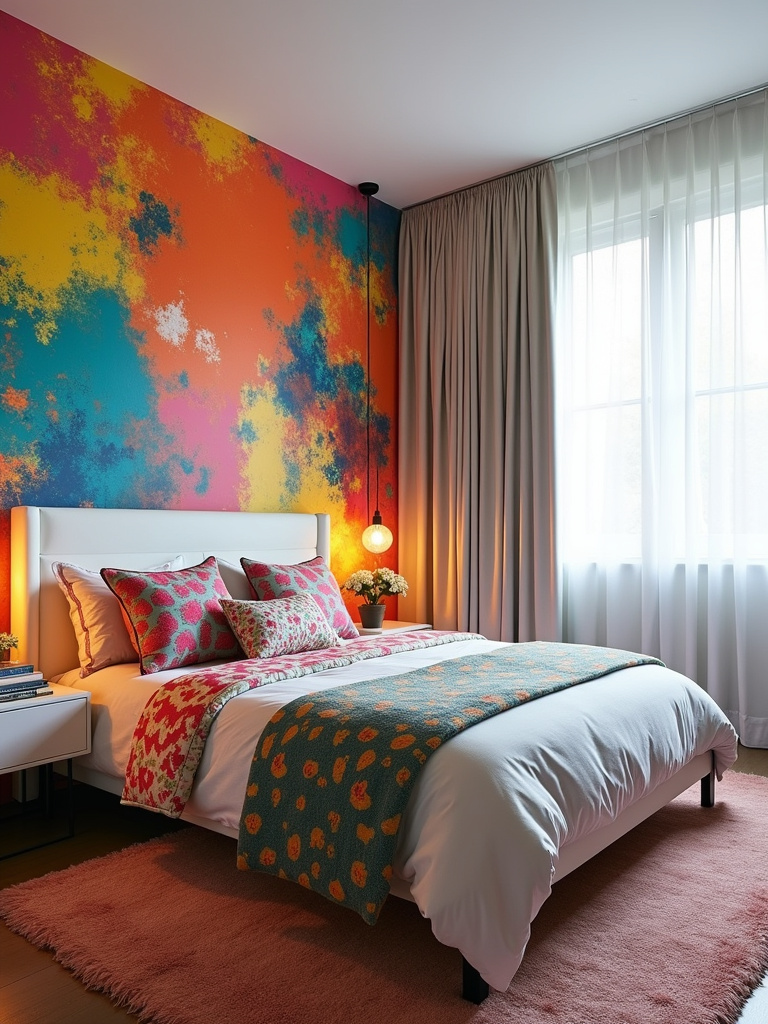 A vibrant bedroom featuring bold multicolored abstract wallpaper on all walls, bathed in bright natural daylight.