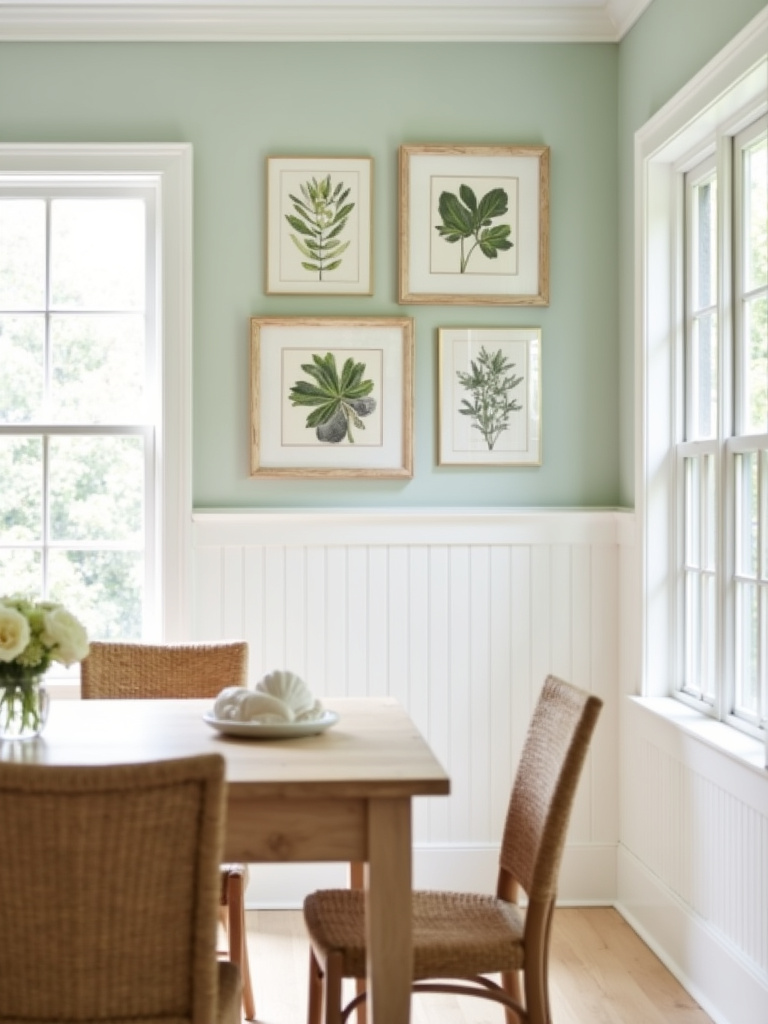 Coastal dining room with a gallery wall of framed botanical prints above a white wainscoted wall.